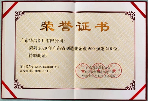 華昌鋁業(yè)上榜“2020年廣東省制造業(yè)企業(yè)500強(qiáng)”