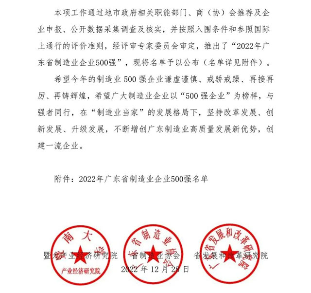 【強(qiáng)!】排名躍升58位!華昌集團(tuán)榮列2022年廣東省制造業(yè)企業(yè)500強(qiáng)第92位!