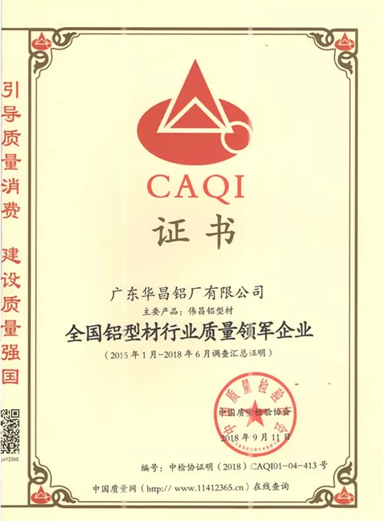 華昌榮譽(yù) | 質(zhì)量創(chuàng)名牌，華昌鋁業(yè)被授予“全國鋁型材行業(yè)質(zhì)量領(lǐng)軍企業(yè)”稱號(hào)