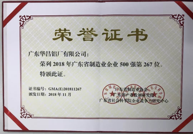 華昌榮譽 | 華昌鋁業(yè)上榜“2018年廣東省制造業(yè)企業(yè)500強”
